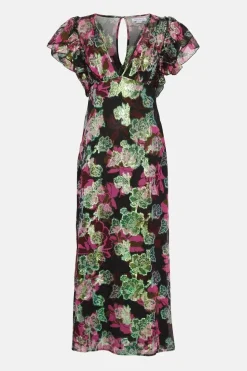Sparkle Floral Jacquard V Neck Midi Dress