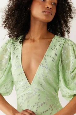 Sparkle Floral V Neck Puff Sleeve Midi Dress