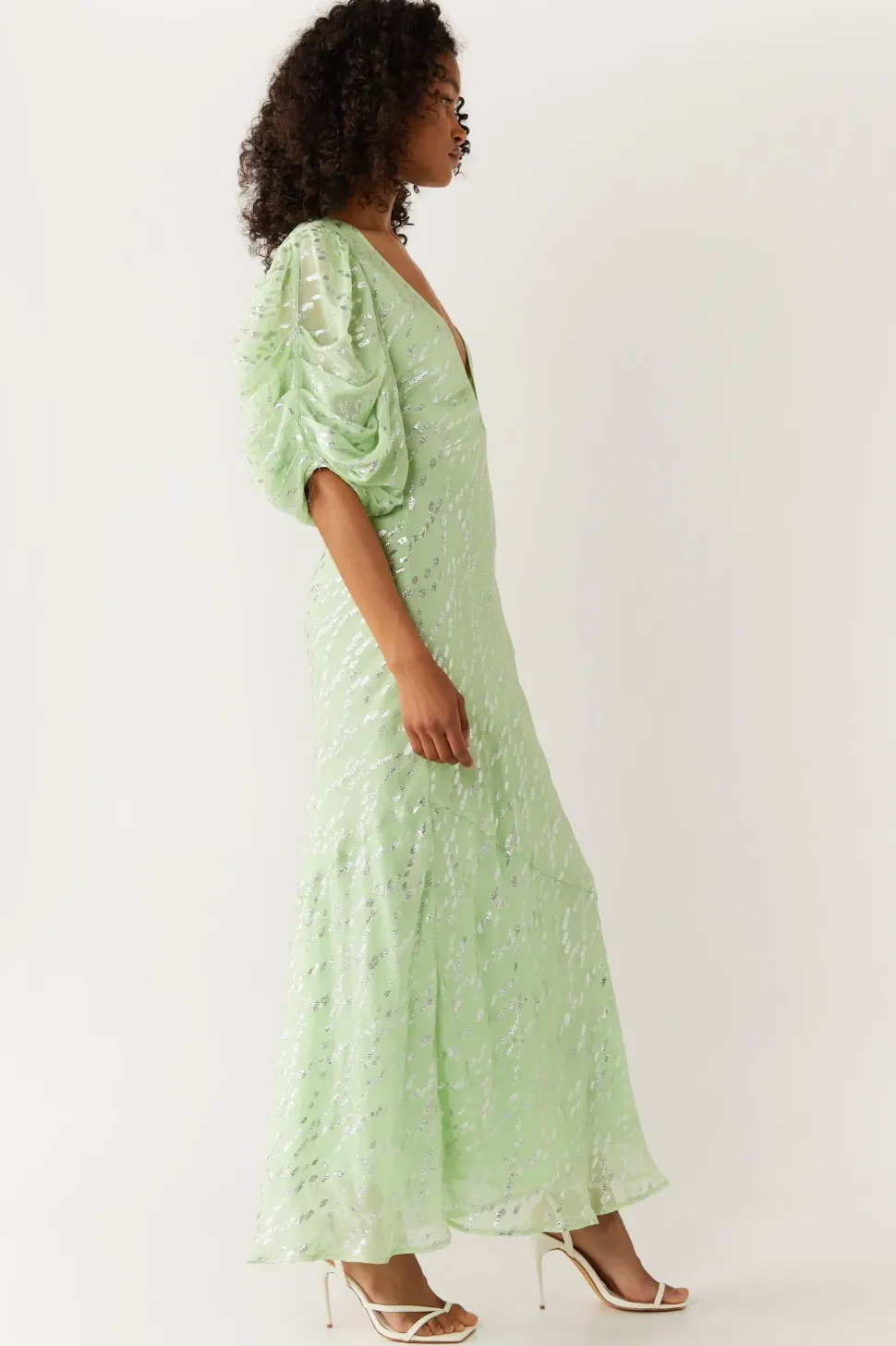 Sparkle Floral V Neck Puff Sleeve Midi Dress