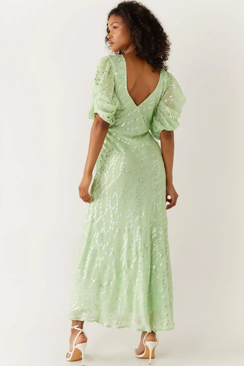 Sparkle Floral V Neck Puff Sleeve Midi Dress