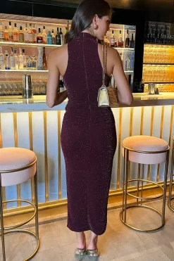 Sparkle Halter Neck Ruched Bodycon Midi Dress