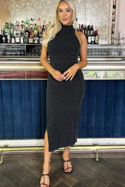 Sparkle Halter Neck Ruched Bodycon Midi Dress