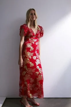 Sparkle Jacquard Ruffle V Neck Midi Dress