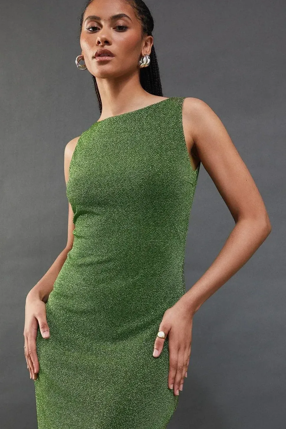 Sparkle Mesh Slash Neck Sleeveless Midi Dress