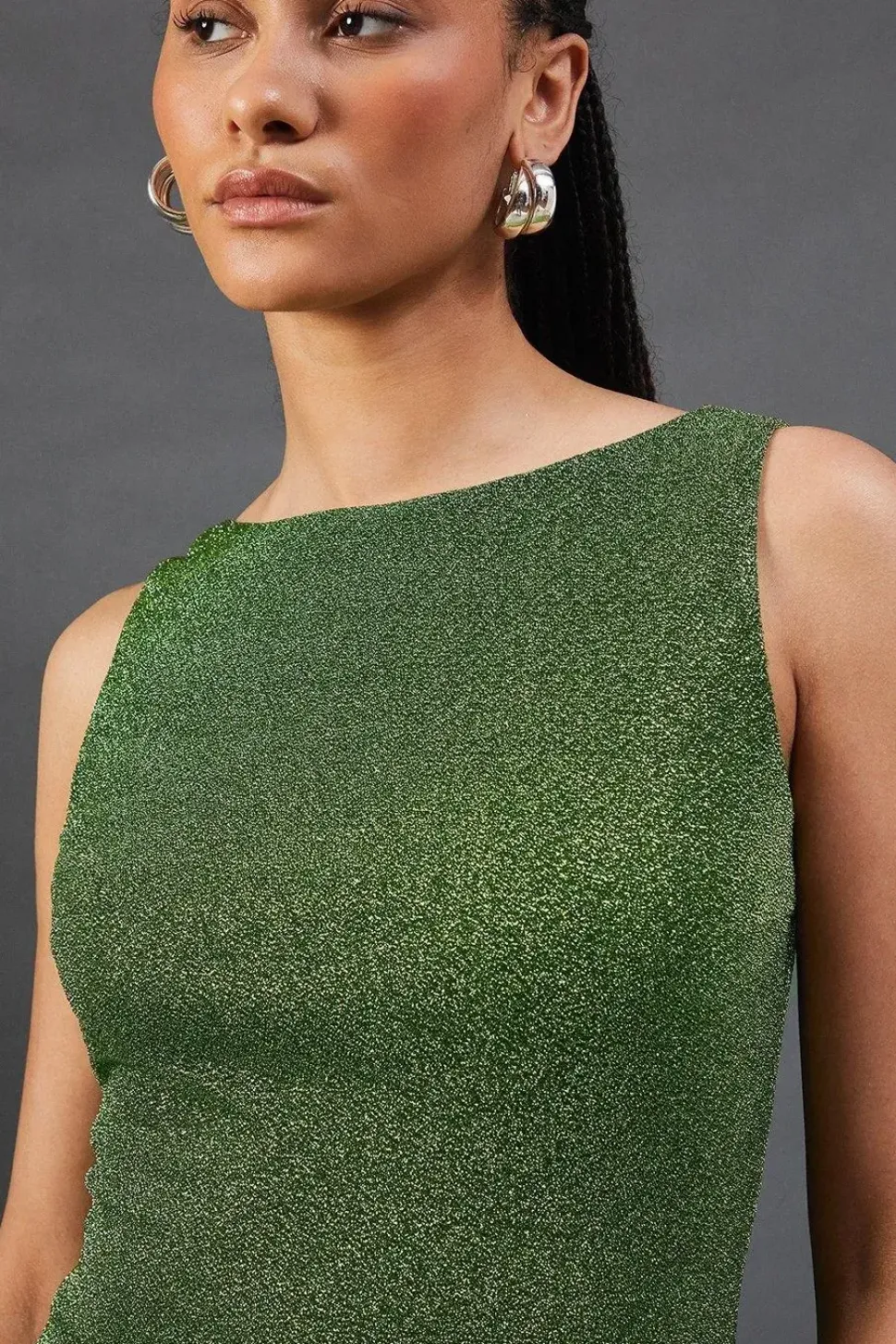 Sparkle Mesh Slash Neck Sleeveless Midi Dress