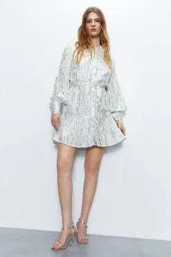 Sparkle Tie Waist Button Through Mini Dress