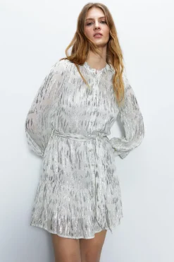 Sparkle Tie Waist Button Through Mini Dress