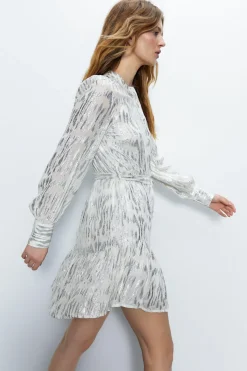 Sparkle Tie Waist Button Through Mini Dress