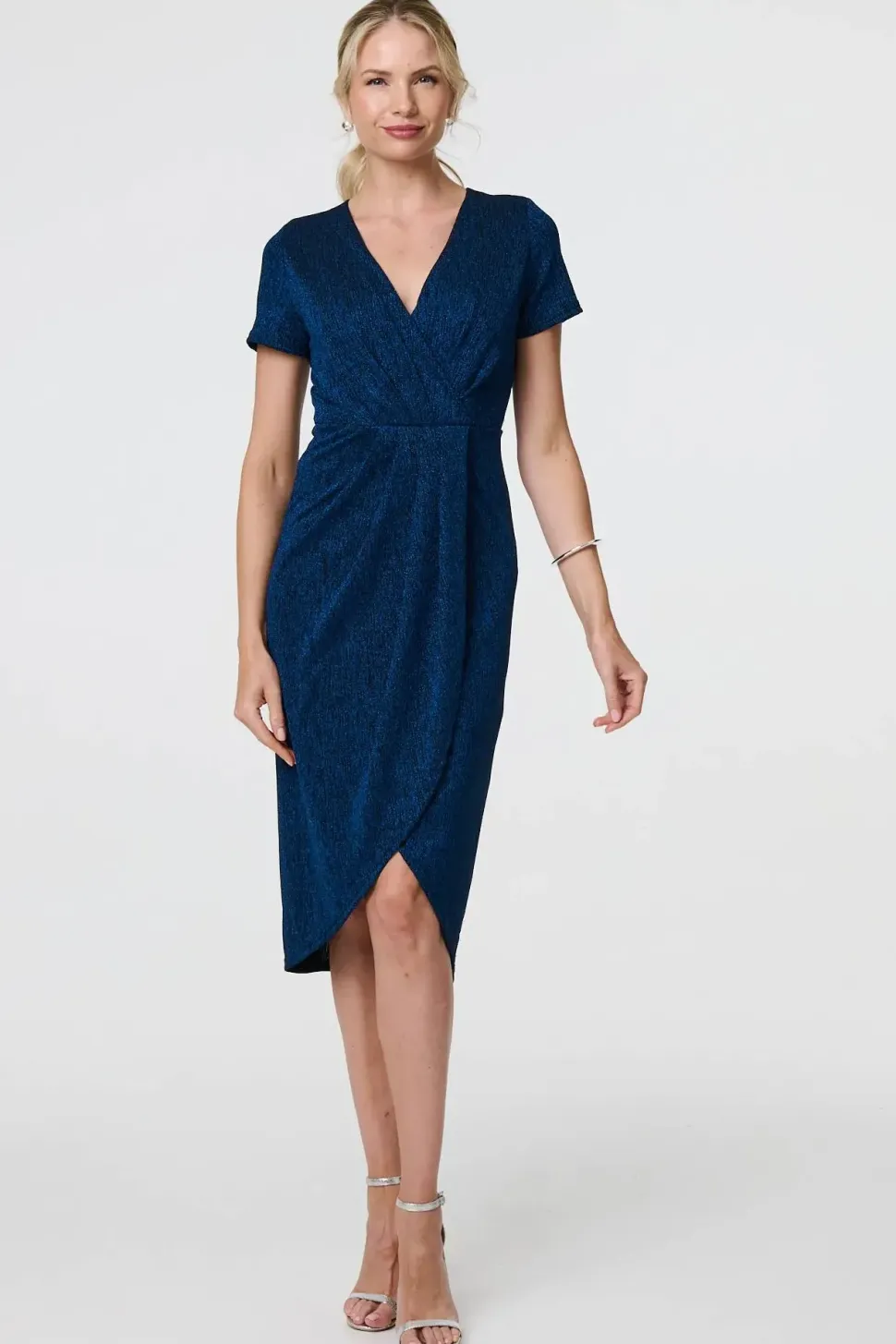 Sparkly Ruched Short Sleeve Midi Dress