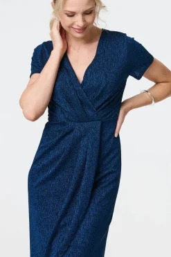Sparkly Ruched Short Sleeve Midi Dress