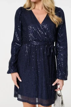 Sparkly Sequin Long Sleeve Mini Wrap Dress