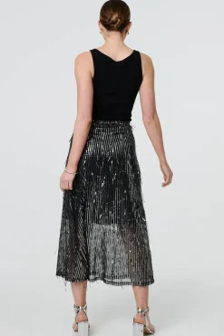 Sparkly Striped Mesh Layer Midi Skirt