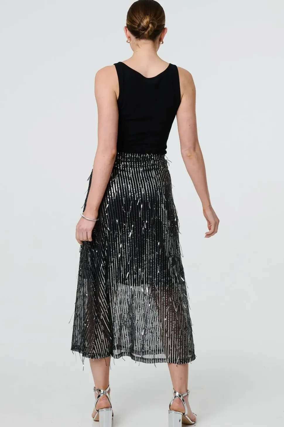 Sparkly Striped Mesh Layer Midi Skirt