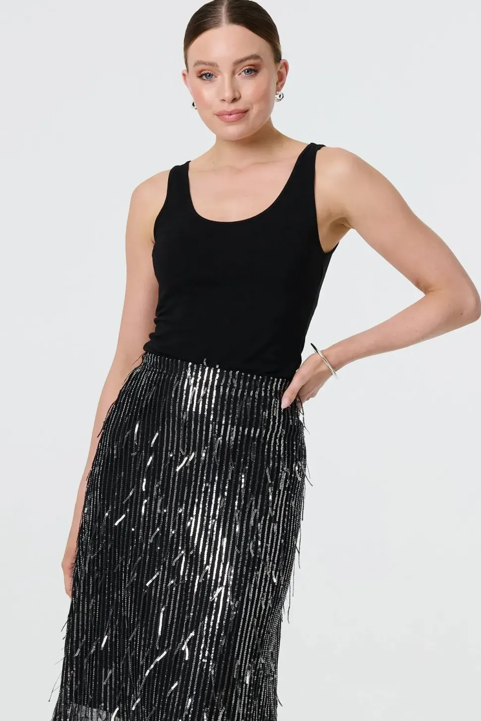 Sparkly Striped Mesh Layer Midi Skirt