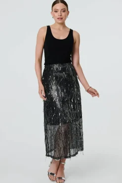 Sparkly Striped Mesh Layer Midi Skirt