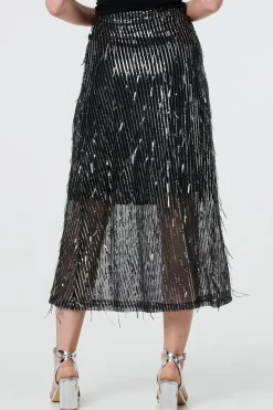 Sparkly Striped Mesh Layer Midi Skirt