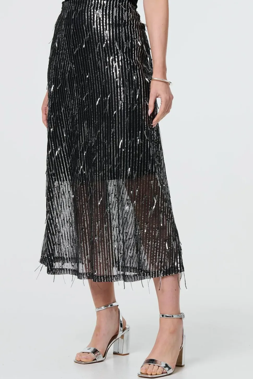 Sparkly Striped Mesh Layer Midi Skirt
