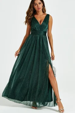Sparkly V Neck Bridesmaid Maxi Dress In Green