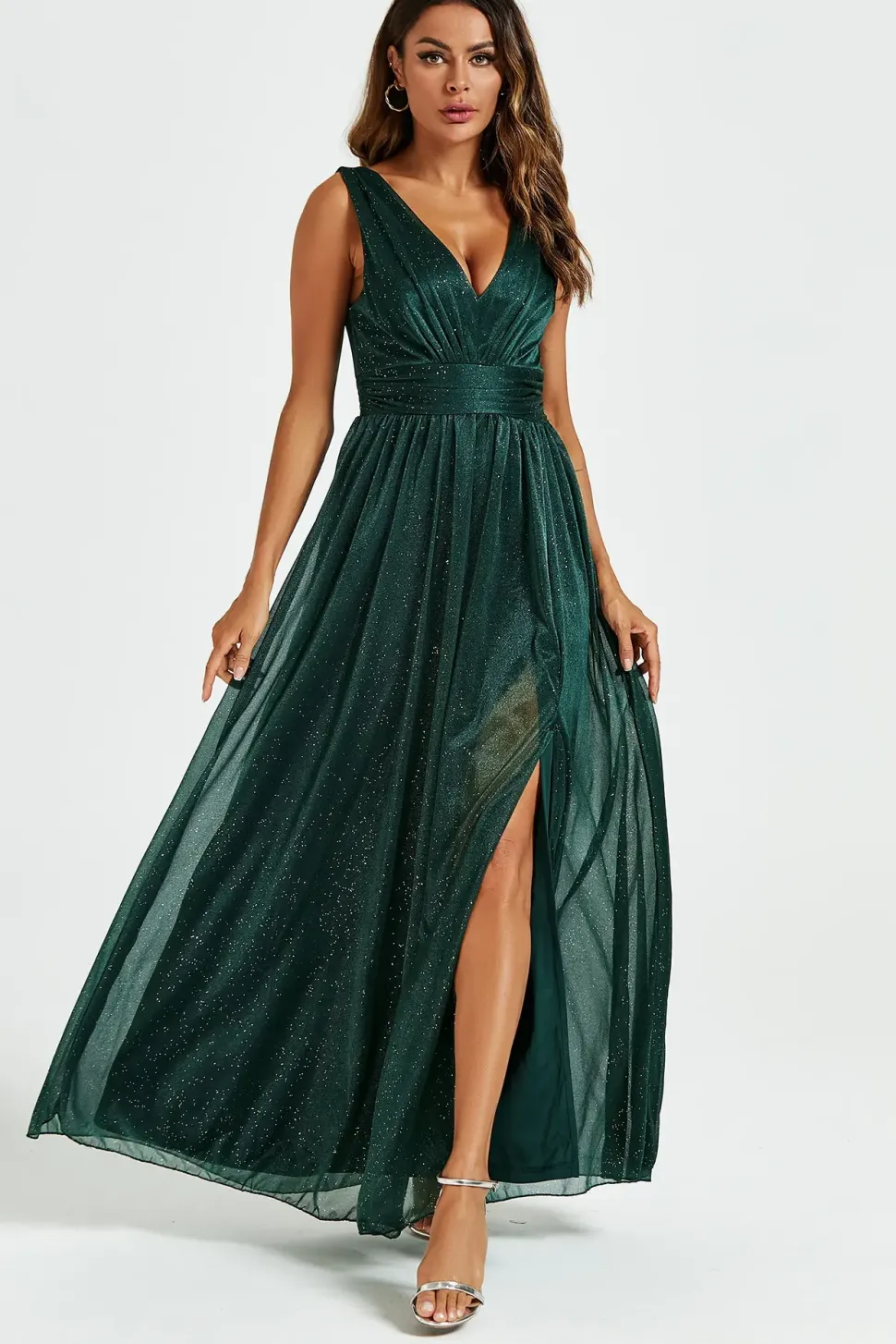 Sparkly V Neck Bridesmaid Maxi Dress In Green
