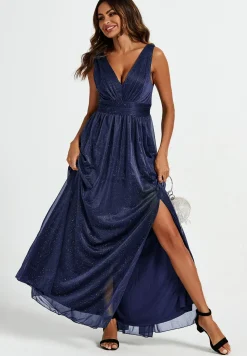 Sparkly V Neck Bridesmaid Maxi Dress In Navy