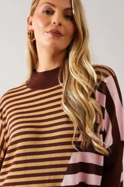 Spliced Striped High Neck Knitted Poncho