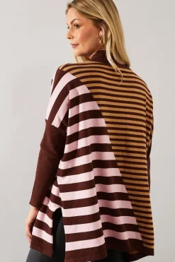 Spliced Striped High Neck Knitted Poncho