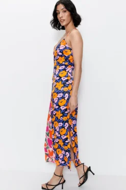 Splice Floral Satin Strappy Dress
