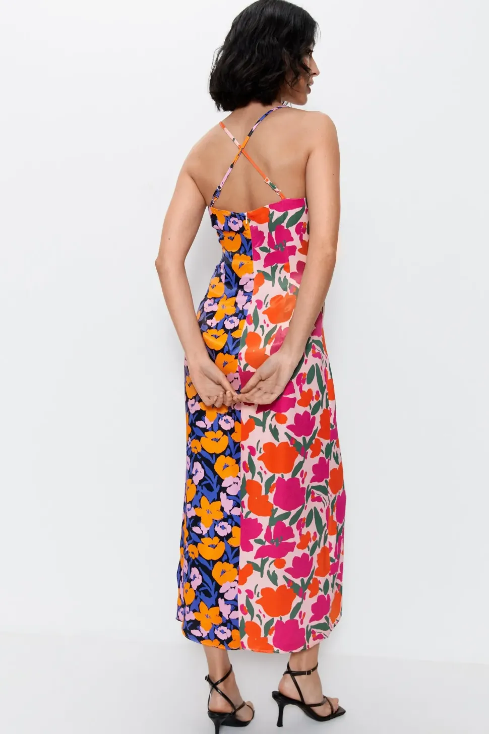 Splice Floral Satin Strappy Dress