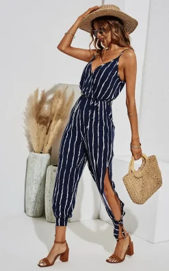 Split Leg Detail White Stripe Jumpsuit In Navy