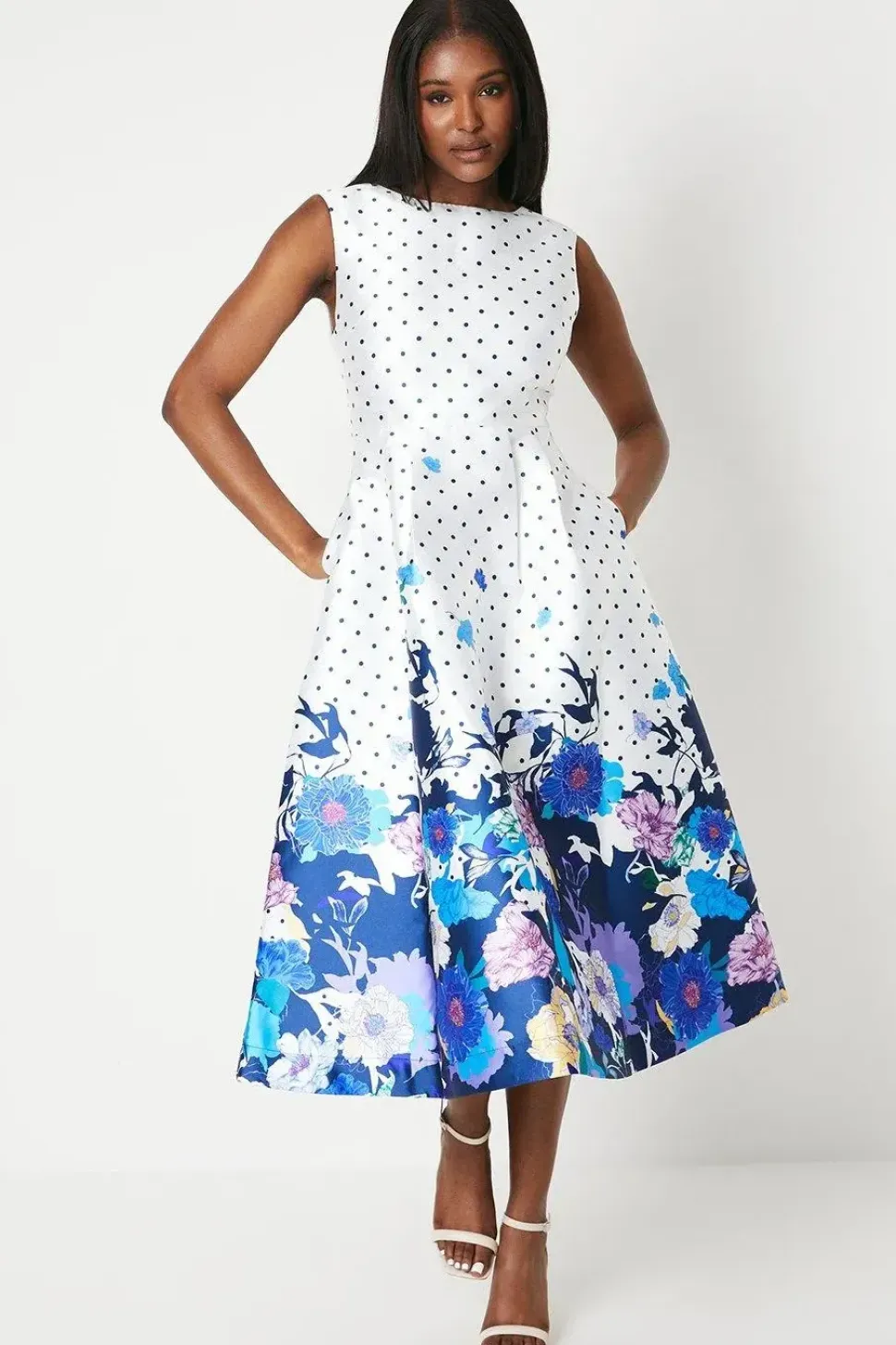 Spot & Floral Placement Print Twill Dress