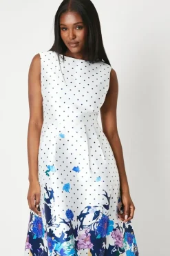 Spot & Floral Placement Print Twill Dress