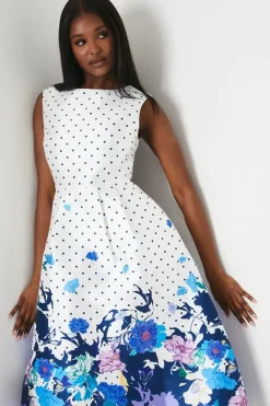 Spot & Floral Placement Print Twill Dress