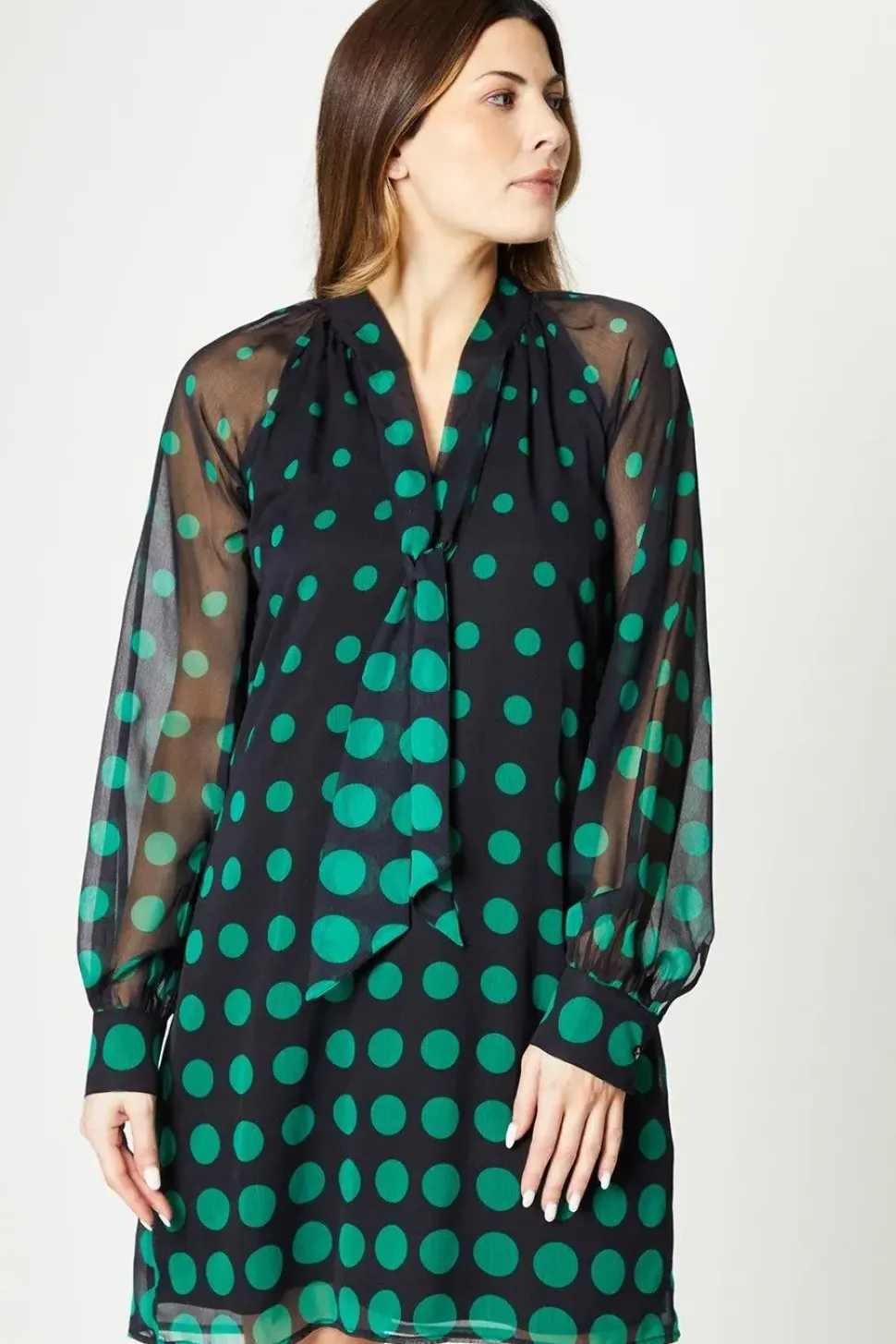 Spot Border Balloon Sleeve Shift Dress