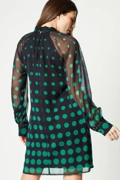 Spot Border Balloon Sleeve Shift Dress