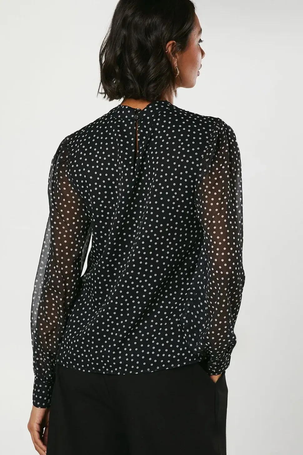 Spot Chiffon High Neck Long Sleeve Blouse