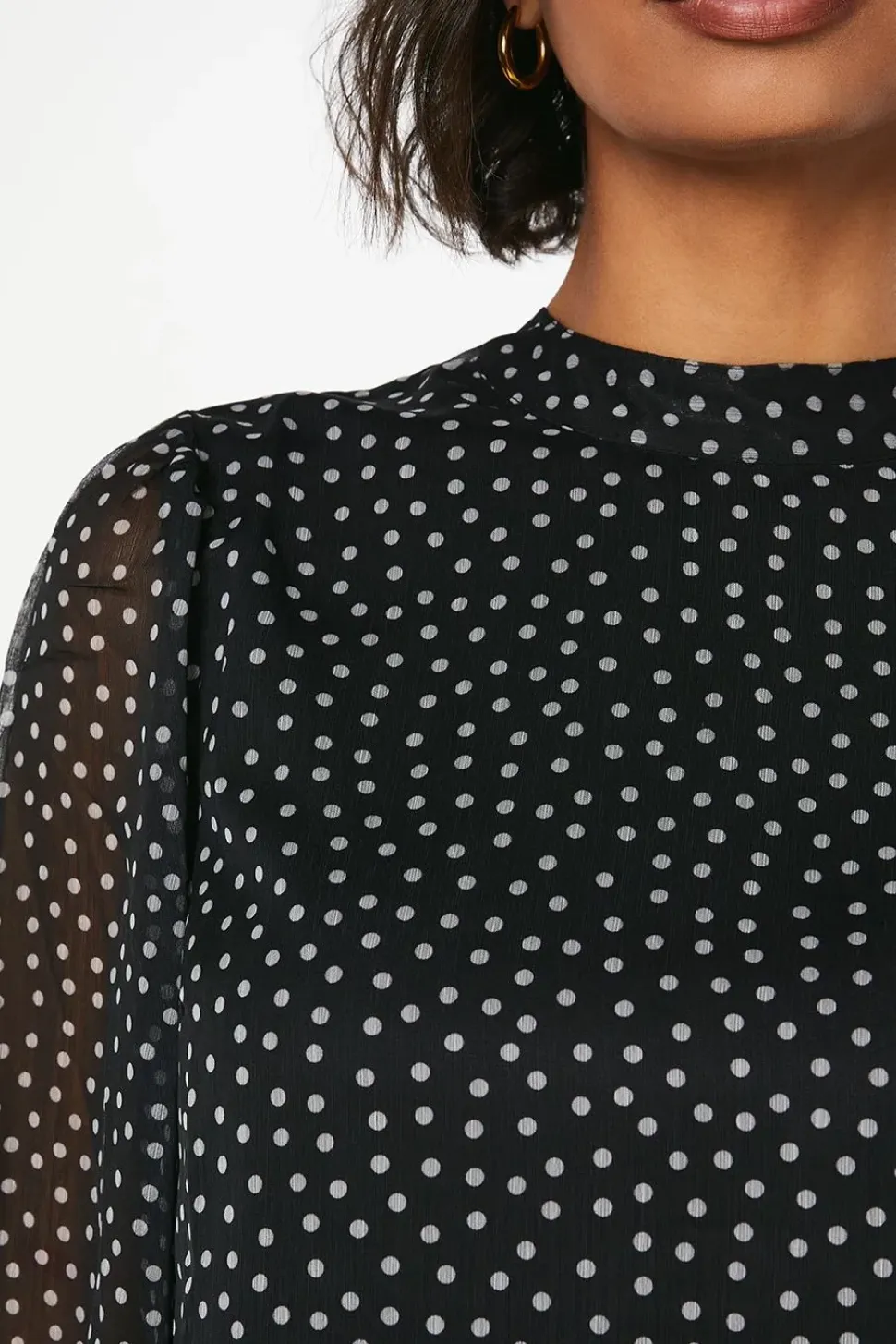Spot Chiffon High Neck Long Sleeve Blouse