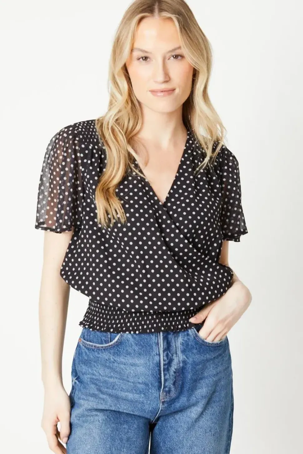 Spot Chiffon Shirred Hem Wrap Blouse