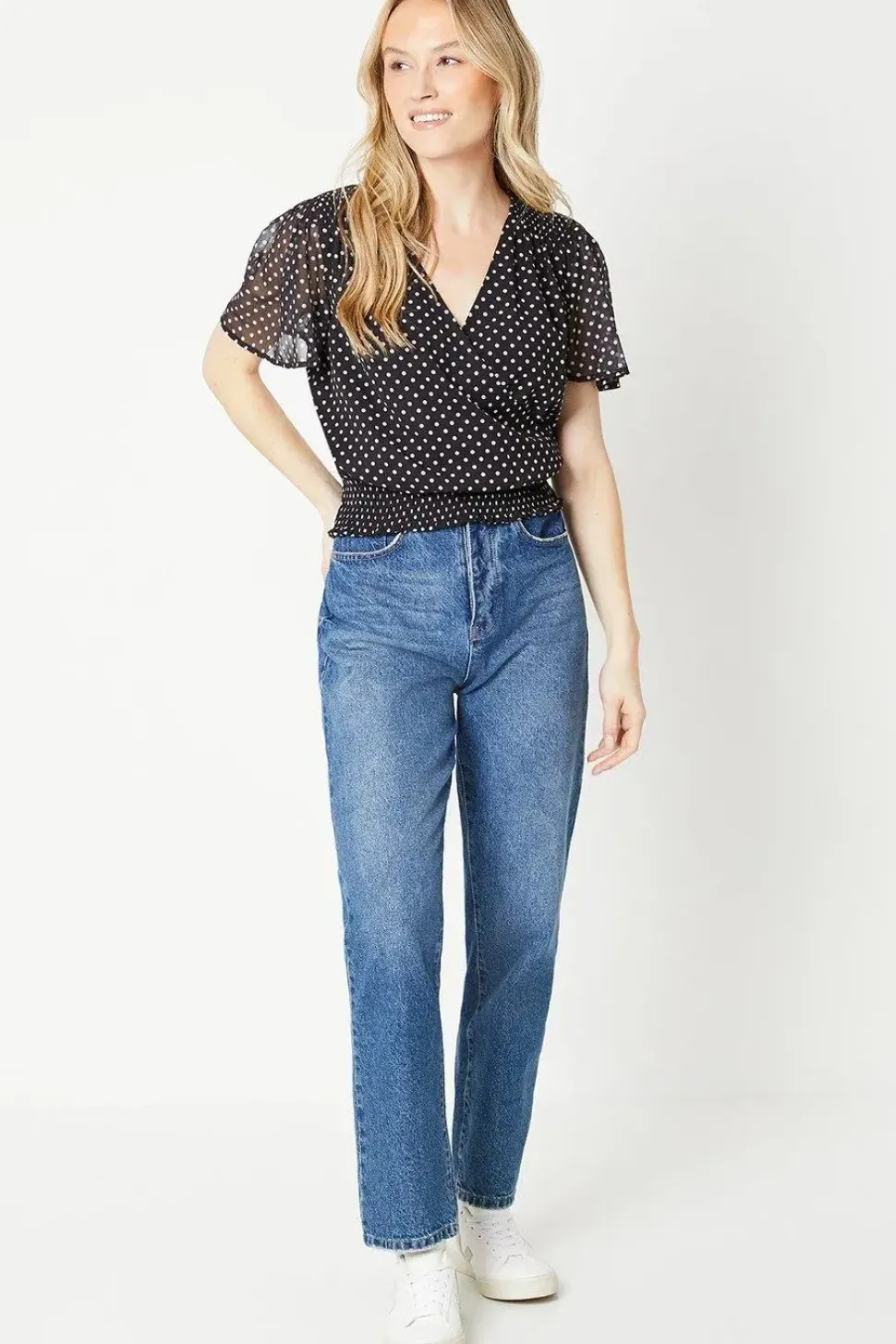 Spot Chiffon Shirred Hem Wrap Blouse