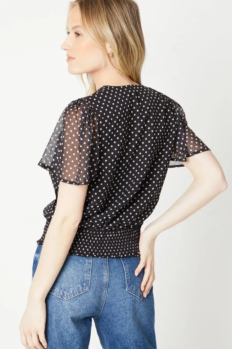 Spot Chiffon Shirred Hem Wrap Blouse