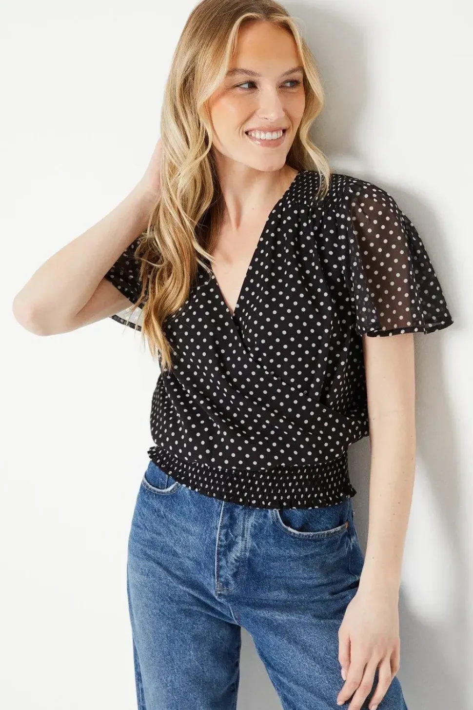 Spot Chiffon Shirred Hem Wrap Blouse