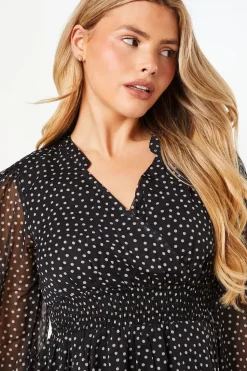Spot Chiffon Shirred Waist Long Sleeve Mini Dress