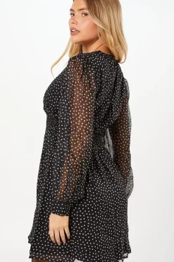 Spot Chiffon Shirred Waist Long Sleeve Mini Dress