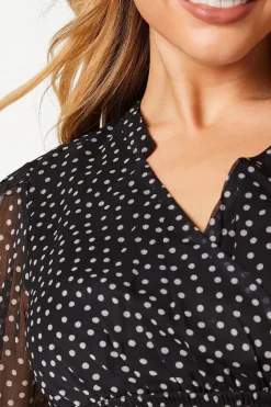 Spot Chiffon Shirred Waist Long Sleeve Mini Dress