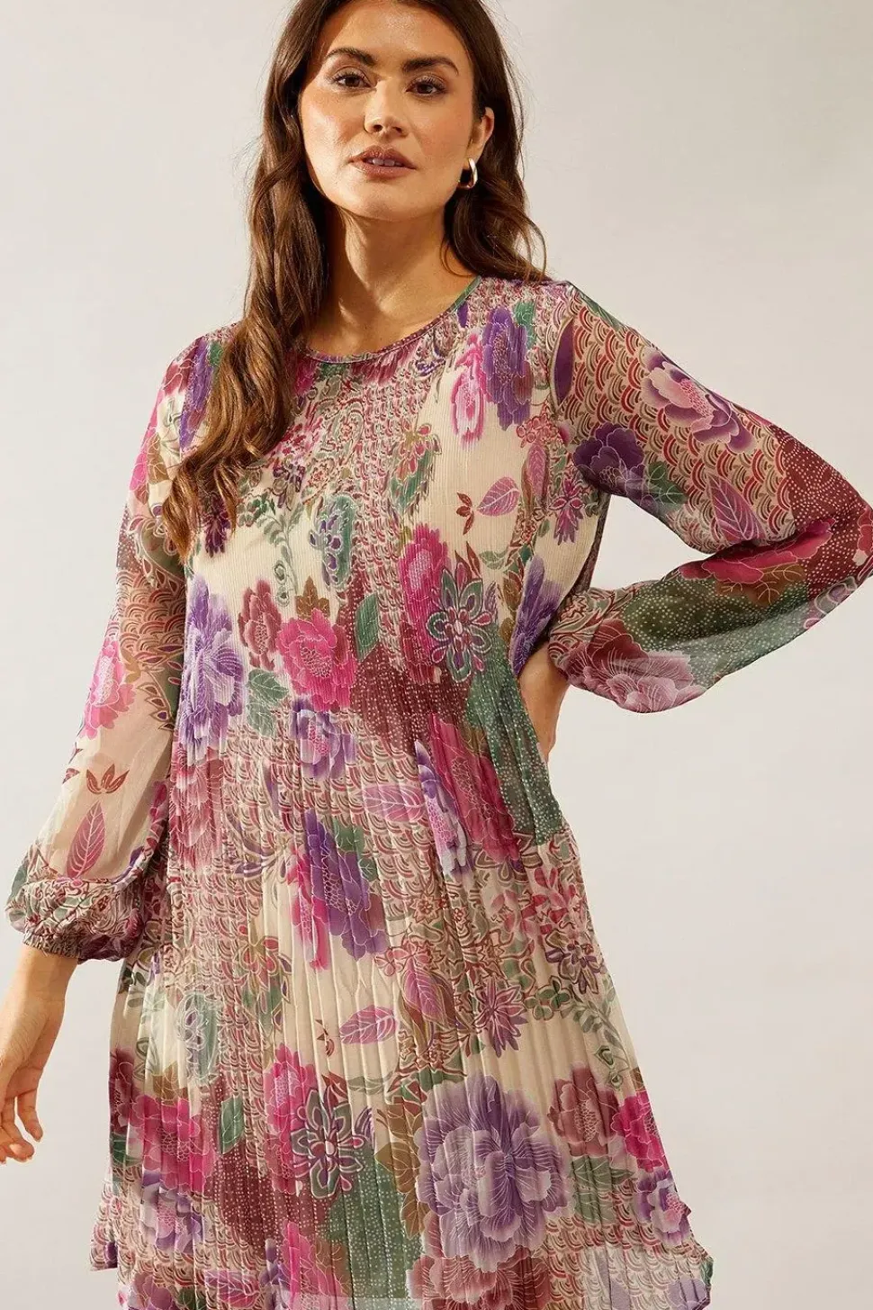 Spot Floral Pleated Shift Dress