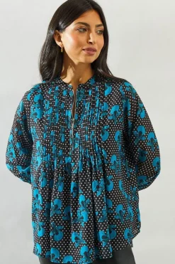 Spot Floral Pleat Zip Blouse