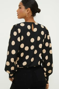 Spot Key Hole Wrap Long Sleeve Top