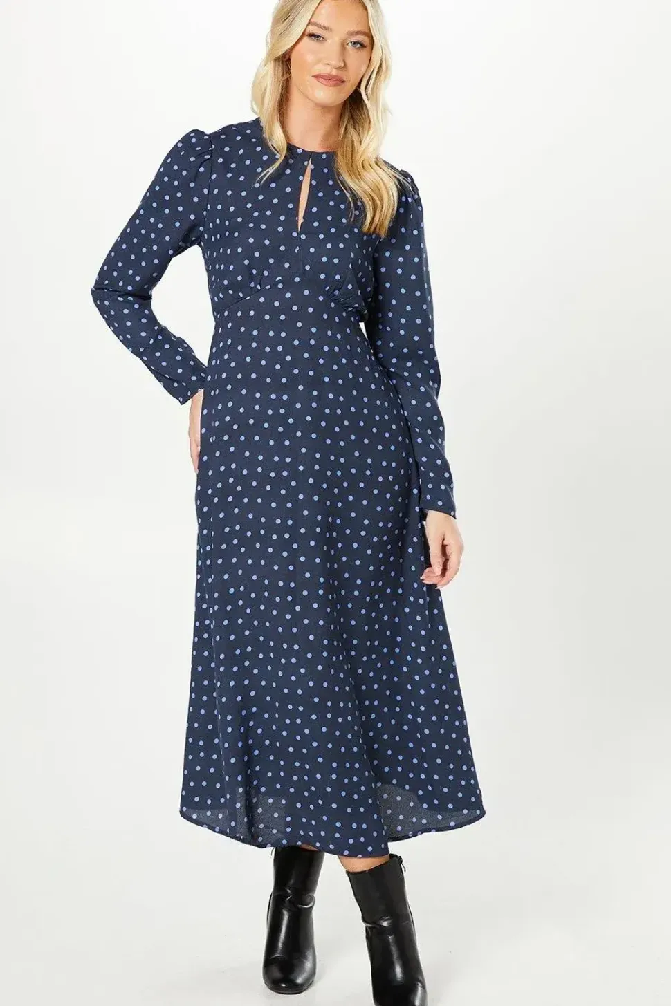 Spot Long Sleeve Keyhole Midi Dress