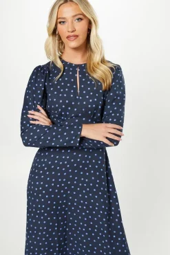 Spot Long Sleeve Keyhole Midi Dress