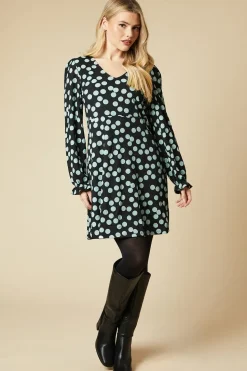 Spot Long Sleeve V Neck Mini Dress