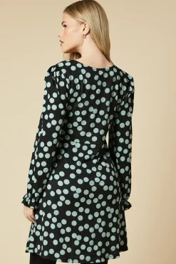 Spot Long Sleeve V Neck Mini Dress